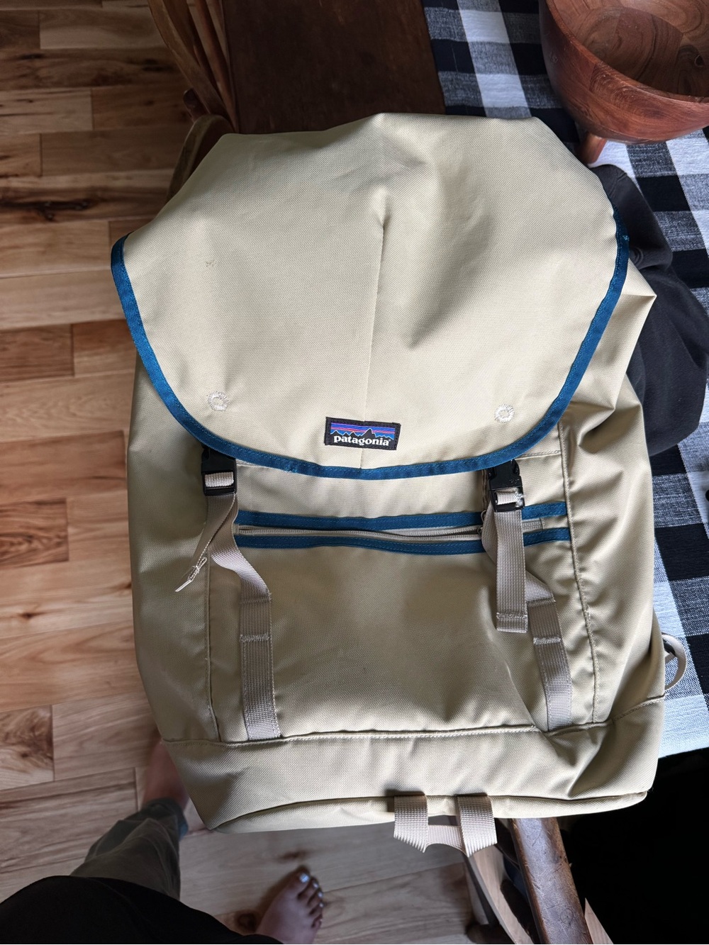 Patagonia Tan Backpack with Blue Trim - Classic Outdoor Pack